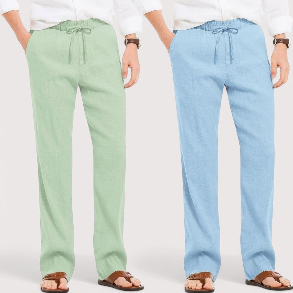 Combo of 2 Linen Loose Fit Men Pant Green and Blue