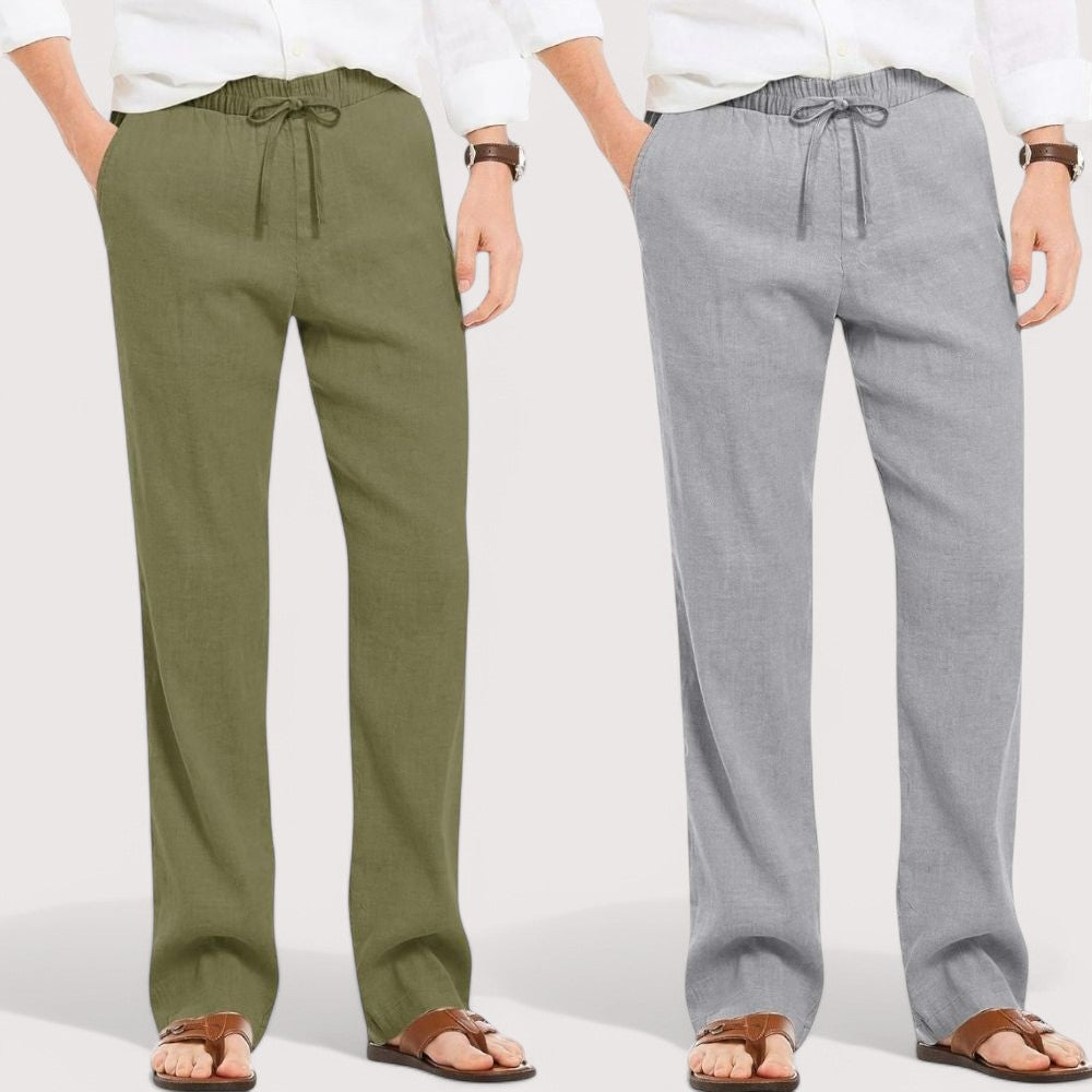 Combo of 2 Linen Loose Fit Men Pant Olive Green and Gray