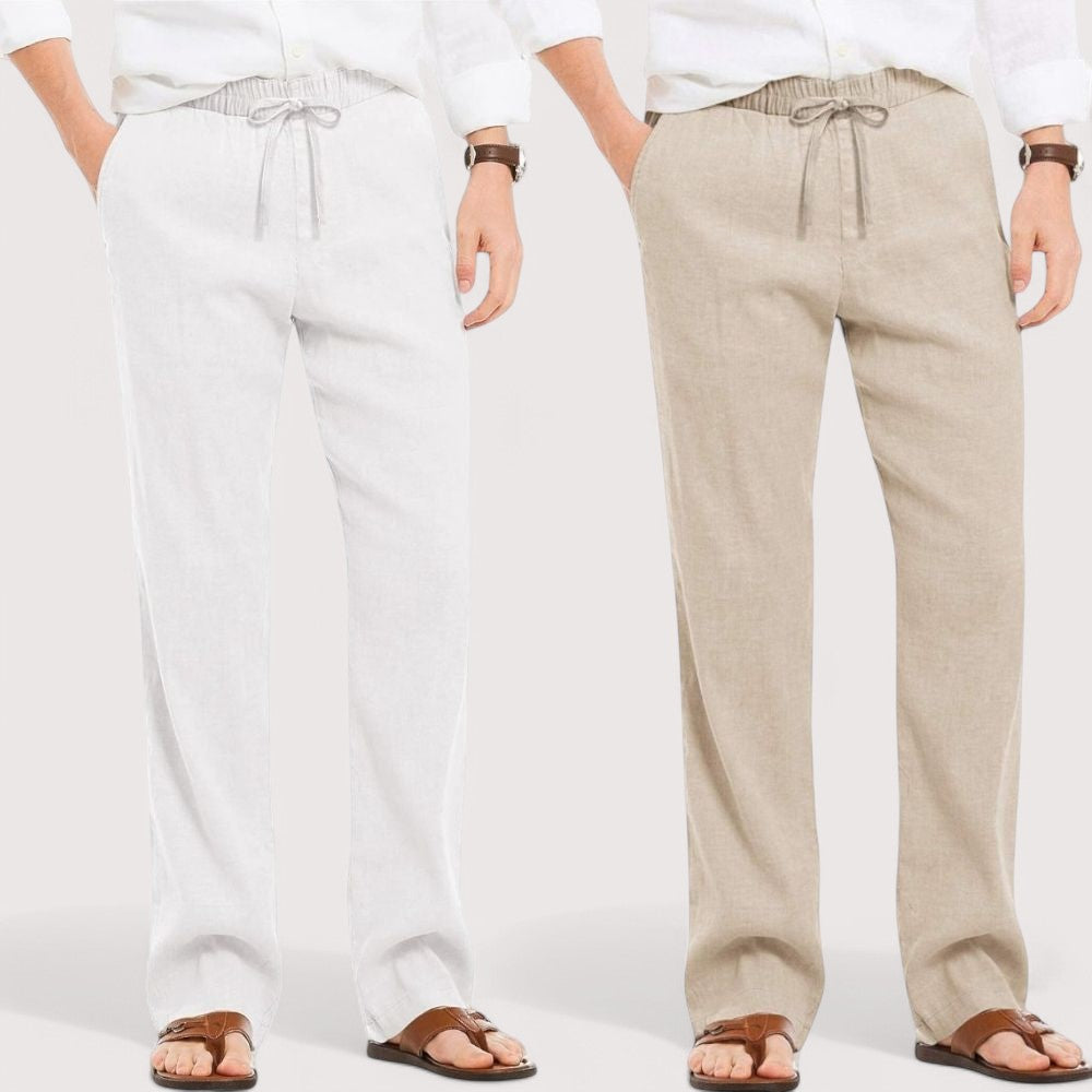Combo of 2 Linen Loose Fit Men Pant White and Light Beige