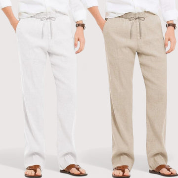 Combo of 2 Linen Loose Fit Men Pant White and Light Beige