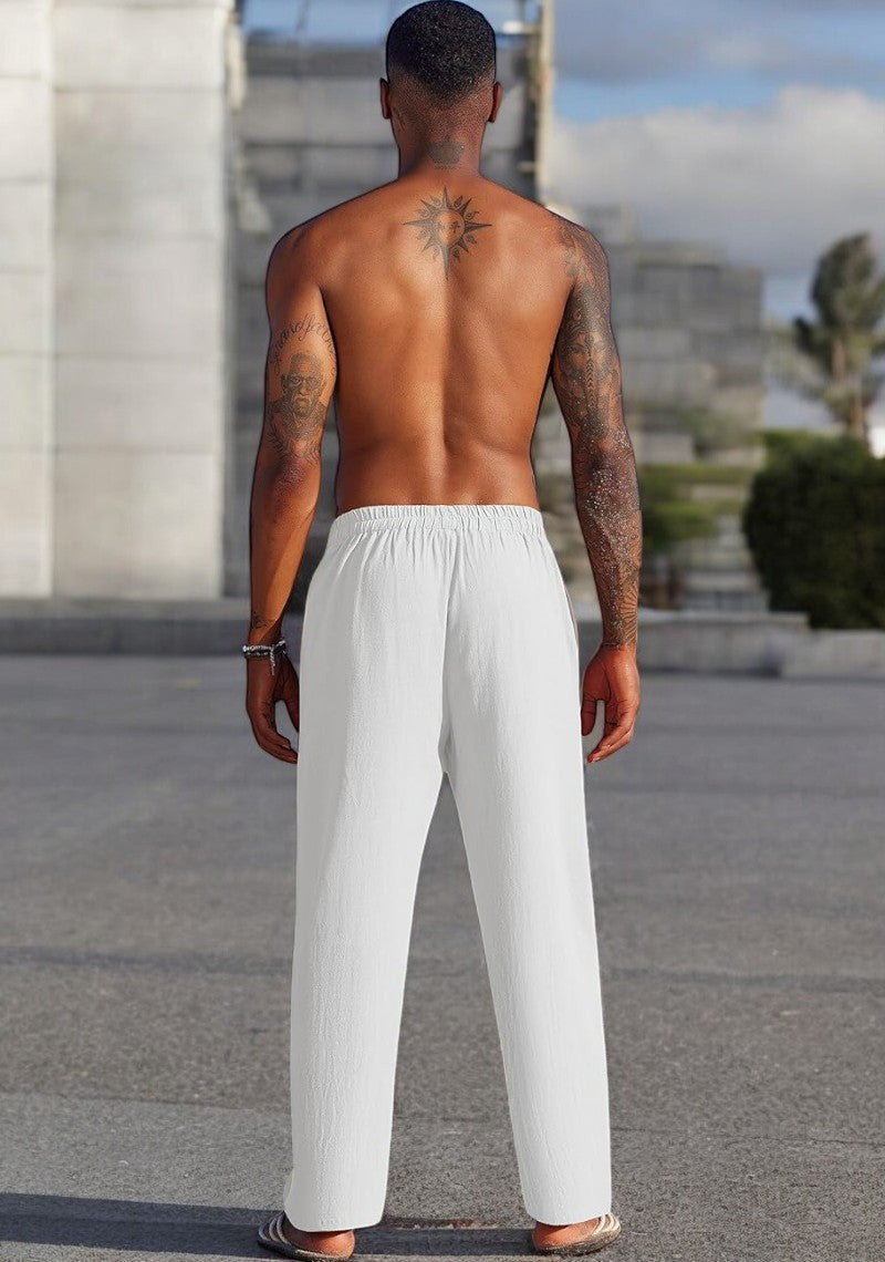 Combo of 2 Linen Loose Fit Men Pant White and Light Beige