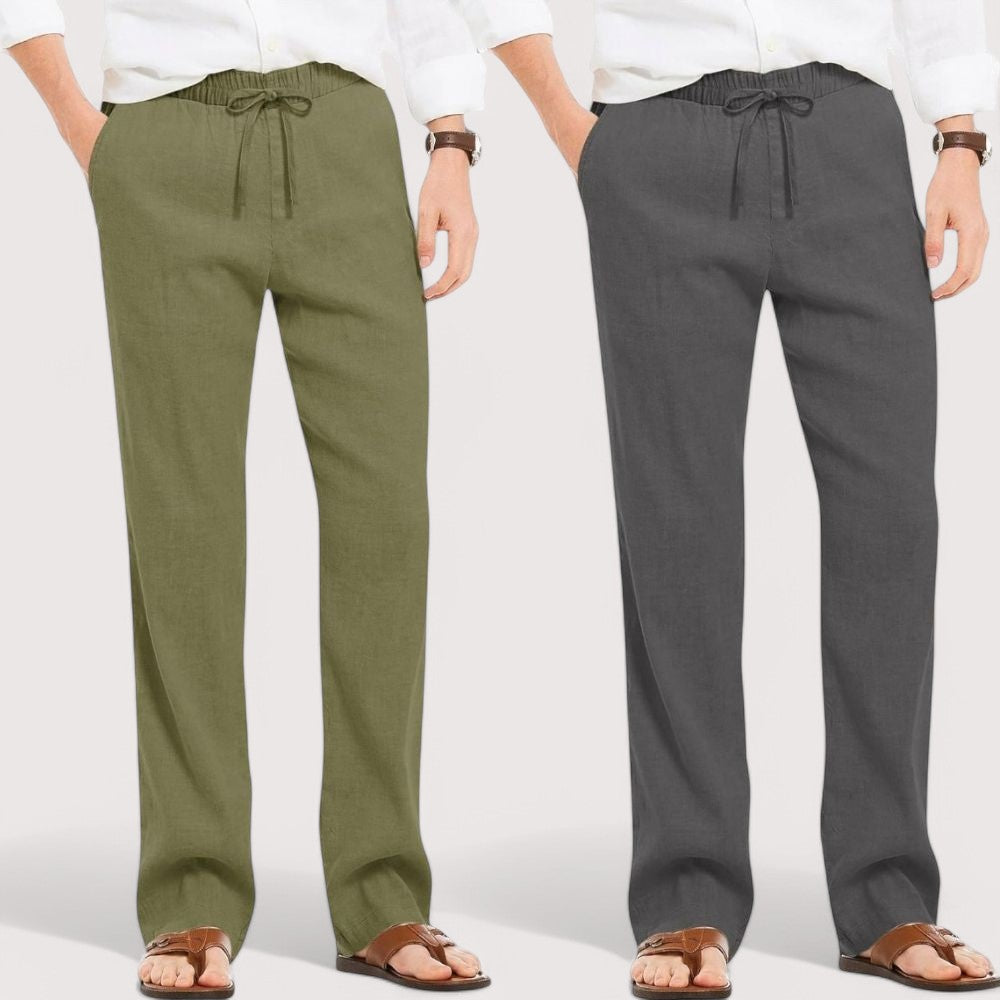 Combo of 2 Linen Loose Fit Men Pant Olive Green and Dark