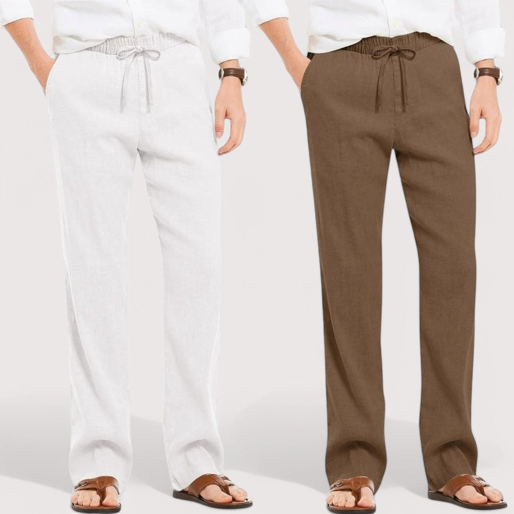Combo of 2 Linen Loose Fit Men Pant White and Brown