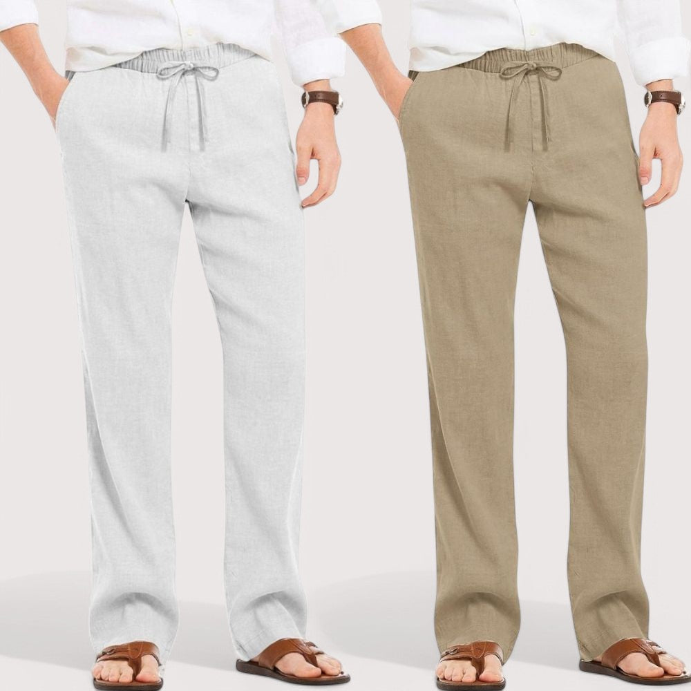Combo of 2 Linen Loose Fit Men Pant Light Gray and Beige