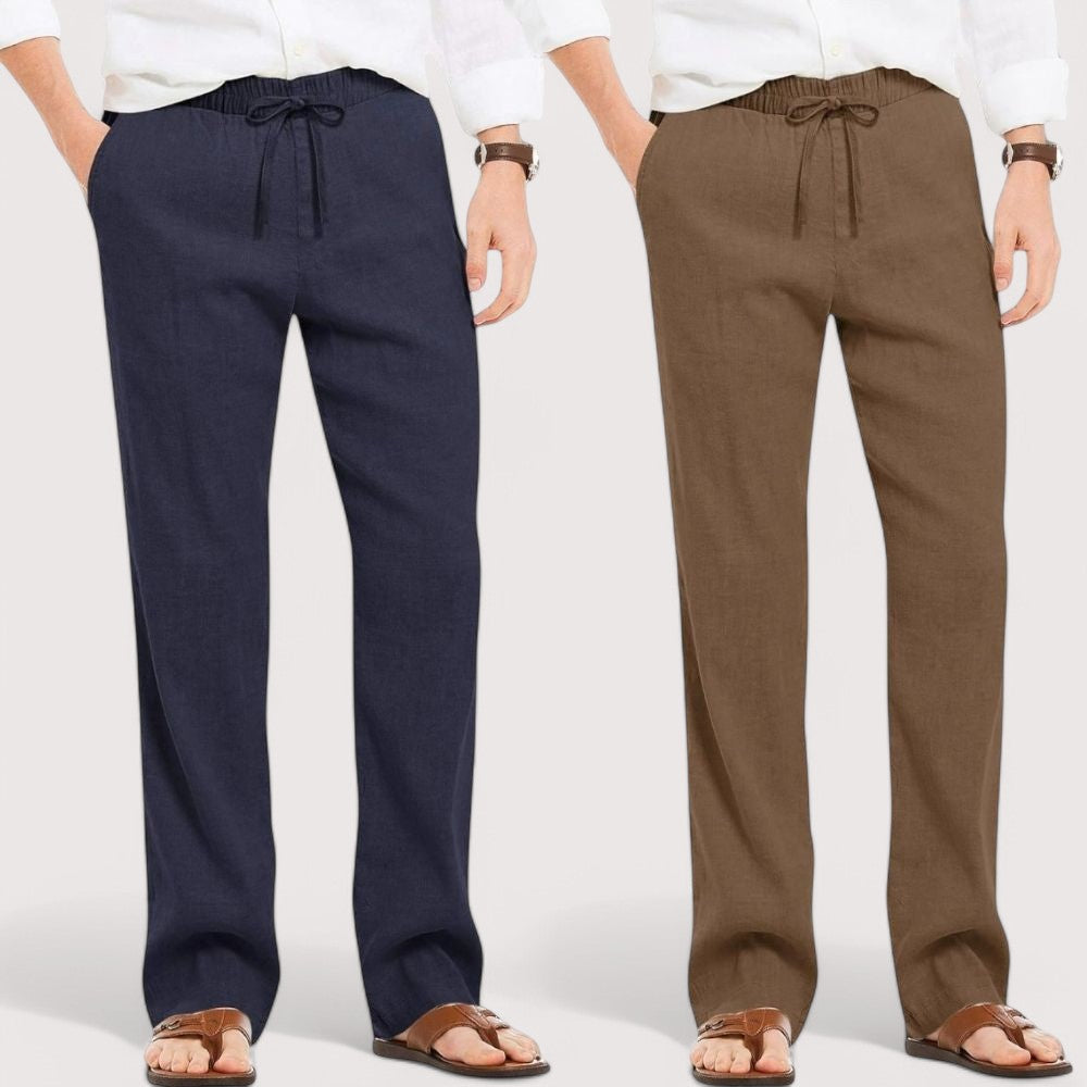 Combo of 2 Linen Loose Fit Men Pant Navy Blue and Brown
